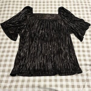 Ann Taylor Women M Black Gold Crinkle Pleat Shimmer Blouse‎ Flare Sleeve